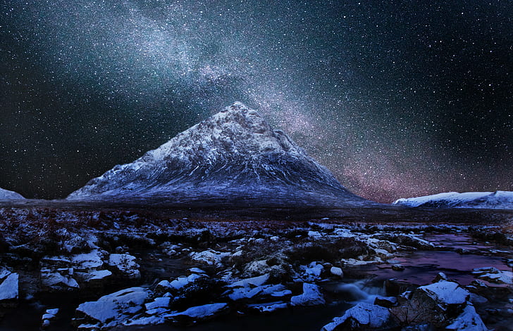 photo of snow covered mountain during night time, Milky Way, photo, snow, mountain, night time, Scotland, Buachaille Etive Mor, astrophotography, Glencoe, Highlands, night, nature, star - Space, winter, astronomy, landscape, dark, galaxy, blue, HD wallpaper