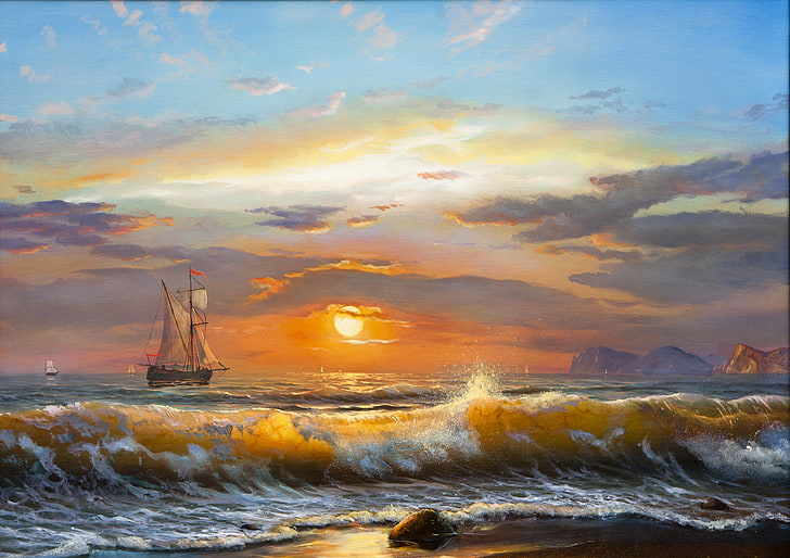 Ilustración de barco galeón, mar, ola, el cielo, nubes, paisaje, puesta de sol, velero, olas, cielo, luz solar, pintura al óleo, Fondo de pantalla HD