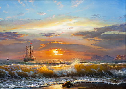 Ilustración de barco galeón, mar, ola, el cielo, nubes, paisaje, puesta de sol, velero, olas, cielo, luz solar, pintura al óleo, Fondo de pantalla HD HD wallpaper
