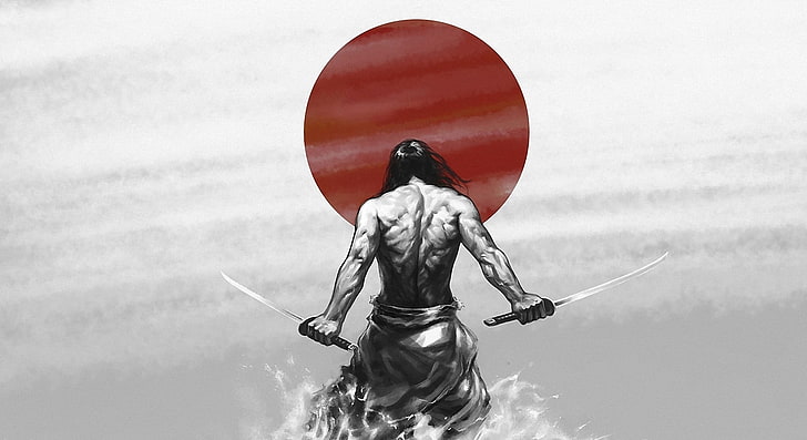 Mann hält zwei Katana Schwerter Vektorgrafiken, Samurai, Japan, Schwert, Katana, Krieger, Koto, Fantasiekunst, selektive Färbung, HD-Hintergrundbild