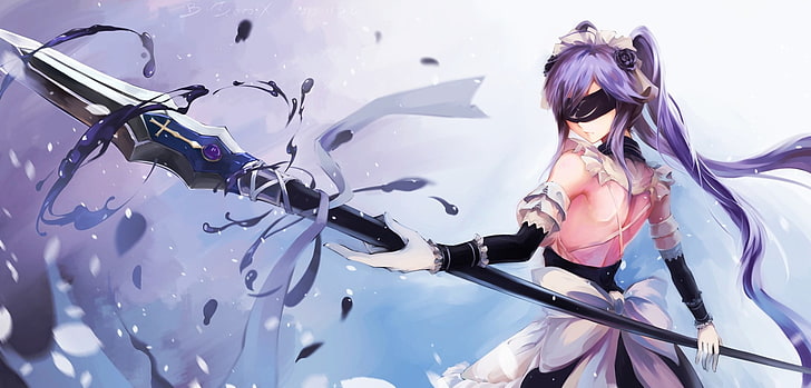 twintails, weapon, anime girls, original characters, blindfold, fantasy art, spear, elbow gloves, HD wallpaper