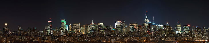 New York City, triple screen, wide angle, cityscape, Manhattan, city lights, HD wallpaper