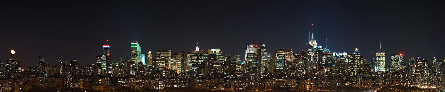 Нью-Йорк, тройной экран, широкий угол, городской пейзаж, Манхэттен, огни города, HD обои HD wallpaper