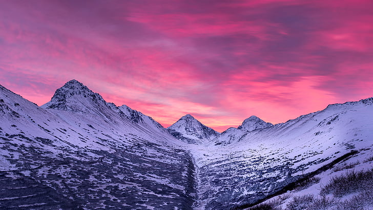 황금 시간, 토끼 크릭, 북쪽 자살 피크, Chugach 주립 공원, 알래스카, 일출, 5K 동안 눈 덮인 산의 파노라마 사진, HD 배경 화면