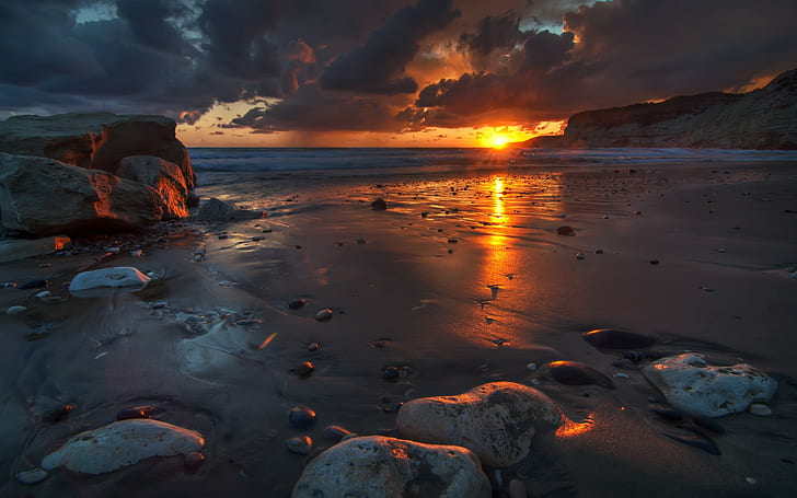 Sonnenuntergang, Felsen, Strand, Sand, nass, Dämmerungsflut, HD-Hintergrundbild