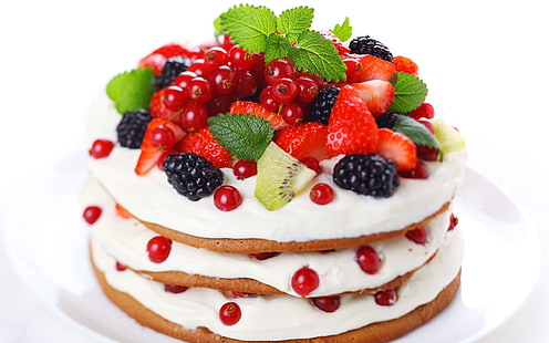 strawberry cake, kiwi, strawberry, cake, blackberries, currants, berries, HD wallpaper HD wallpaper