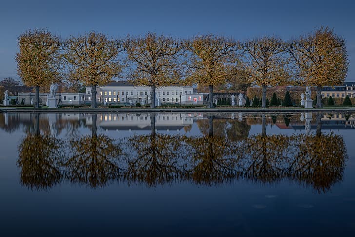 autumn, trees, pond, reflection, Germany, garden, statues, Palace, Hannover, Hanover, Lower Saxony, Herrenhausen Gardens, Дворец Херренхаузен, Herrenhausen Palace, Сады Херренхаузен, HD wallpaper