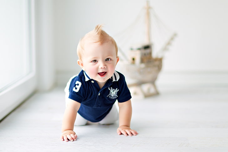 toddler's blue and white polo shirt, children, smile, the game, child, baby, play, marine, ship, cute, kid, little boy, happy child, happy baby, large beautiful blue eyes, big beautiful blue eyes, lovable, enjoying life, HD wallpaper