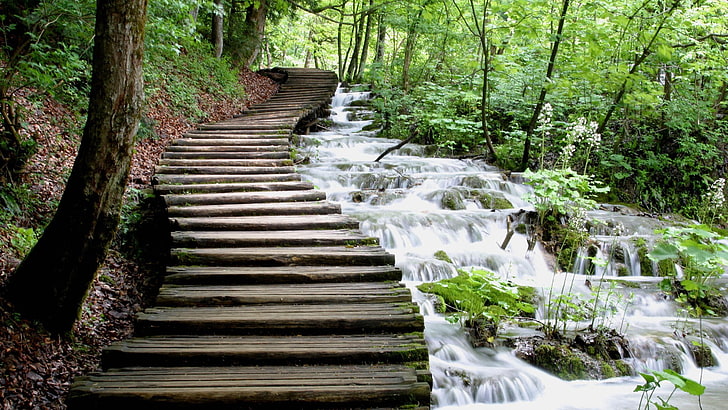 scale in cemento grigio, natura, fiume, paesaggio, Croazia, Sfondo HD