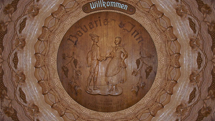 Bavarian Inn Willkommen :), frankenmuth, bavarian, bavarian inn, wood, carving, german, willkommen, leaves, michigan, HD wallpaper