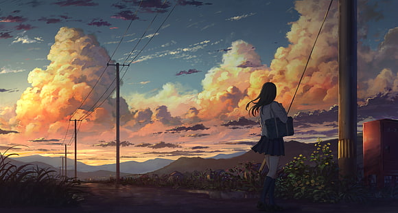 anime, anime dziewczyny, niebo, chmury, lato, zachód słońca, linie energetyczne, spódniczka mini, na zewnątrz, moescape, Tapety HD HD wallpaper