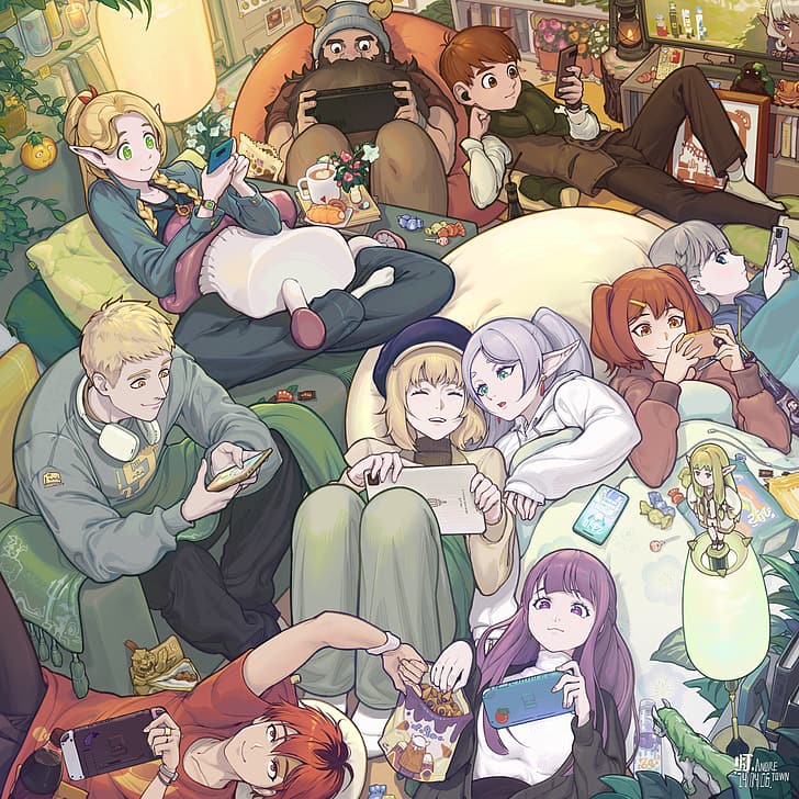 Sousou No Frieren, Frieren, Delicious in Dungeon, can, Fern (Sousou No Frieren), Stark (Sousou no Frieren), crossover, Marcille Donato, Chilchuck Tims, lying down, Senshi (Delicious in Dungeon), Thistle (Delicious in Dungeon), Kanne (Sousou no Frieren), Lawine (Sousou no Frieren), Laios Thorden, candy, group of women, sitting, Walking Mushroom, food, Sissel (Delicious in Dungeon), Serie (Sousou no Frieren), anime girls, anime boys, lying on back, Nintendo DS, indoors, smartphone, Andretown, headphones, looking at smartphone, plants, drink, elves, HD wallpaper