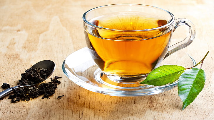 Bevanda del tè, tazza di vetro, foglie verdi, tè, bevanda, vetro, tazza, verde, foglie, Sfondo HD
