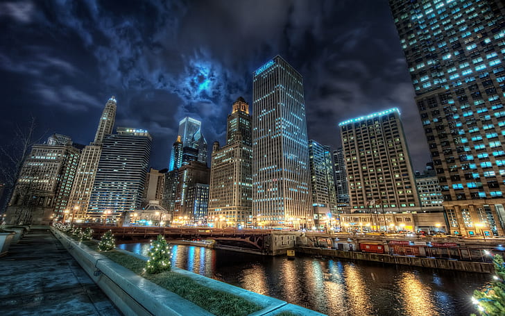 シカゴ、夜間、都市、町、hdr、夜、光で高層ビルの写真、 HDデスクトップの壁紙