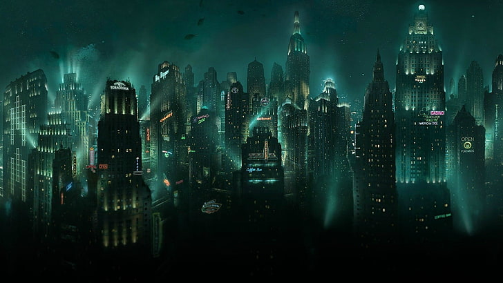 コンクリートの建物、夜の間に空撮、ラプチャー、BioShock、水中、ビデオゲーム、都市景観、 HDデスクトップの壁紙