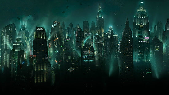 콘크리트 건물, 밤 시간 동안 도시의 공중보기, 휴거, BioShock, 수중, 비디오 게임, 도시 풍경, HD 배경 화면 HD wallpaper