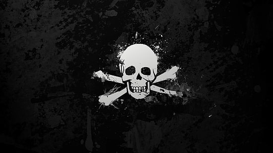 cráneo y huesos, blanco, negro, monocromo, fondo simple, cráneo, simple, salpicaduras de pintura, huesos, Fondo de pantalla HD HD wallpaper