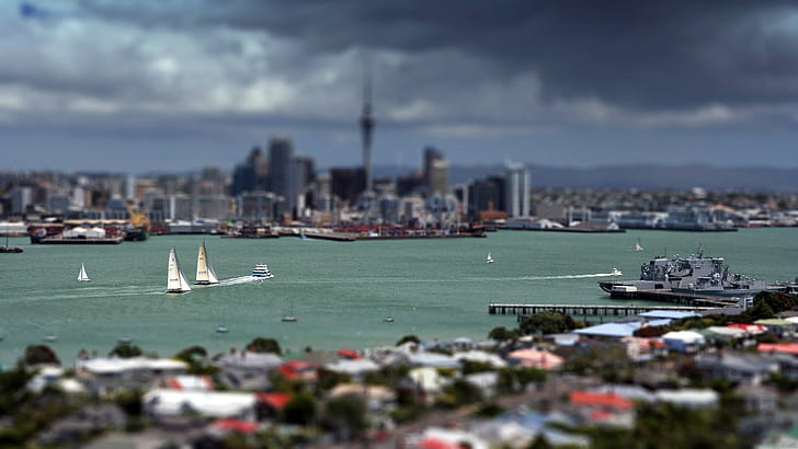 città, fiume, barca, Auckland, Sfondo HD