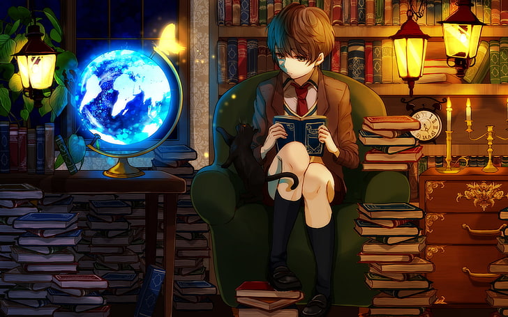 livro de leitura de personagem de anime menino, biblioteca, meninos de anime, anime, HD papel de parede