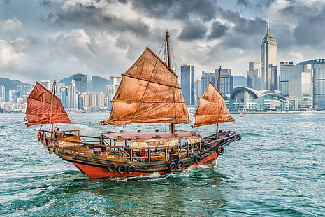  building, home, Bay, Hong Kong, harbour, junk, The Victoria Harbour, Kowloon, Victoria Harbor, HD wallpaper HD wallpaper