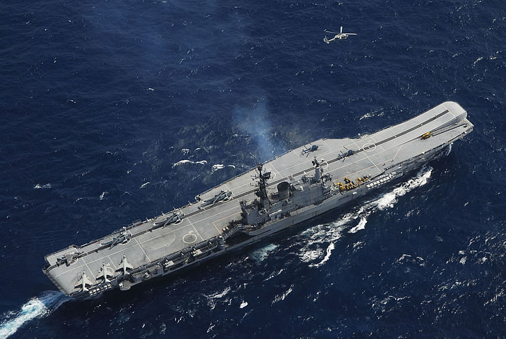 navio de batalha branco no mar, porta-aviões, militar, vista aérea, navio, veículo, HD papel de parede