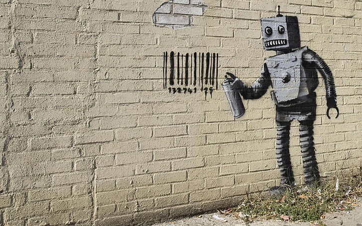 Robot Graffiti Barcode Brick Wall Wall HD, digital/artwork, robot, wall, graffiti, brick, barcode, HD wallpaper
