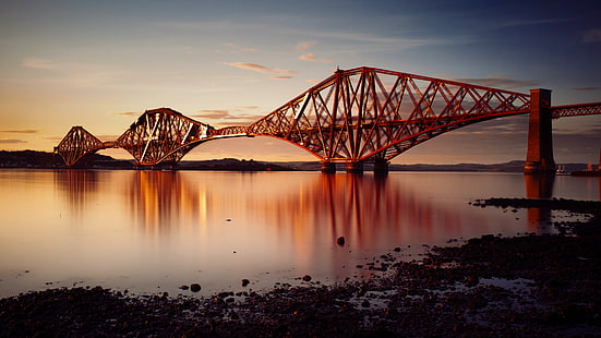 четвертый мост, железнодорожный мост, небо, шотландия, великобритания, эдинбург, вода, спокойствие, мост, HD обои HD wallpaper