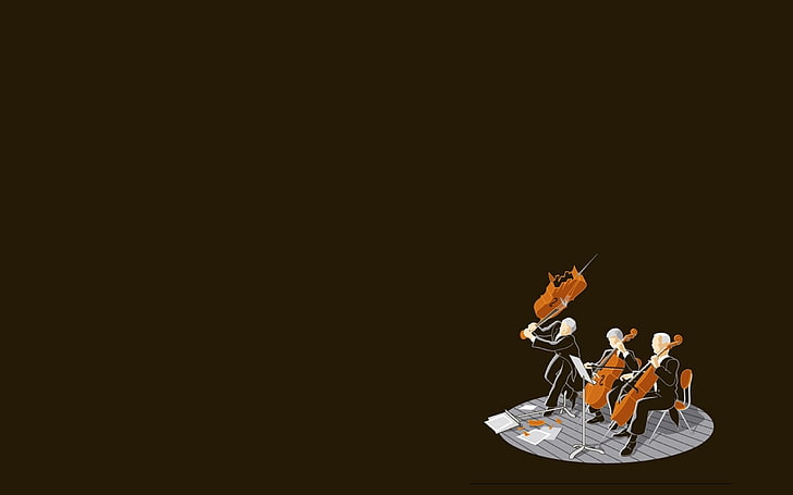 tiga orang bermain ilustrasi cello, musisi, humor, minimalis, latar belakang coklat, latar belakang sederhana, Wallpaper HD
