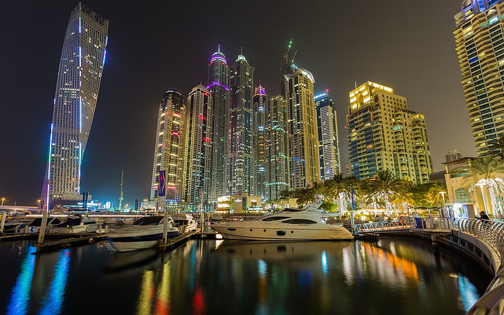 arranha-céu, construção, baía, dubai, cidade noturna, passeio marítimo, arranha-céus, Emirados Árabes Unidos, marina, marina de dubai, HD papel de parede