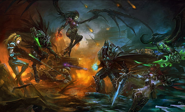 постер с аватарами, оружие, огонь, арт, starcraft, World of Warcraft, битва, артас, сара керриган, sylvanas windrunner, BAI, HD обои