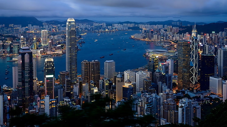 widok z góry na budynki miejskie, pejzaż miejski, budynek, światła, Hongkong, Tapety HD
