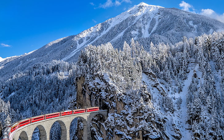 зима, сняг, планини, влак, Швейцария, ял, Алпи, железопътна линия, кантон Гризон, виадукт Landwasser, HD тапет