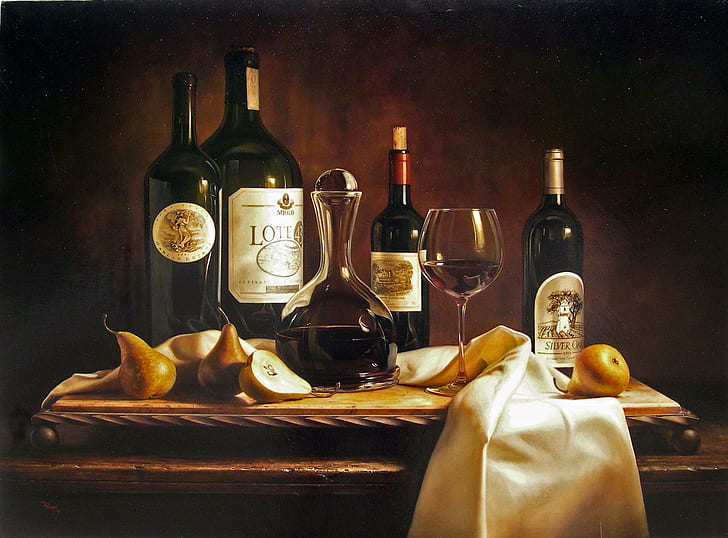 *** Anggur ***, botol anggur masih melukis, anggur, minuman, makanan, minuman, gelas, 3d dan abstrak, Wallpaper HD