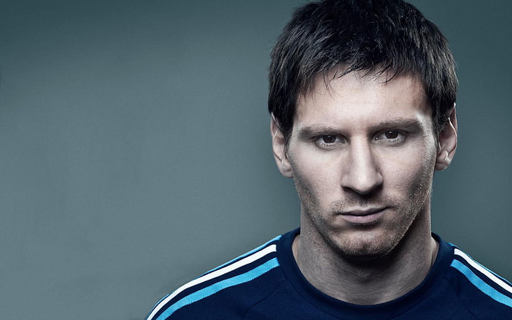 atasan leher awak biru pria, Lionel Messi, FC Barcelona, Wallpaper HD