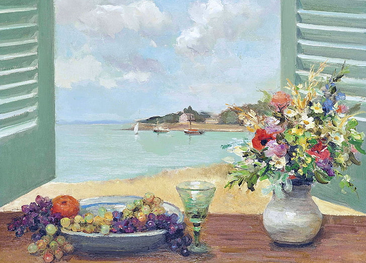 painting of flower and grapes, landscape, flowers, boat, picture, sail, shutters, fruit, Marseille Dif, Window with sea views, HD wallpaper