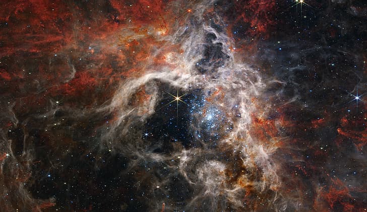 gwiazdy, przestrzeń, mgławica, podczerwień, Kosmiczny Teleskop Jamesa Webba, NGC 2070, Mgławica Tarantula, Tapety HD