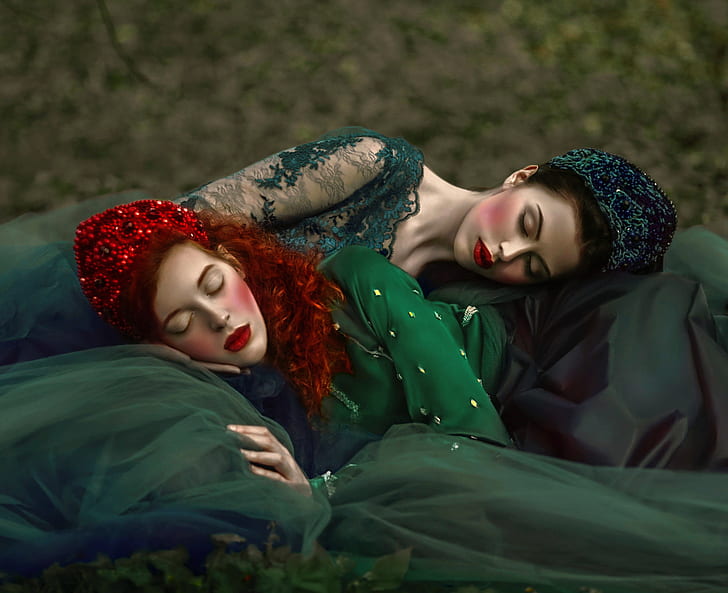 fatasia, sleep, art, two girls, Agnieszka Lorek, HD wallpaper