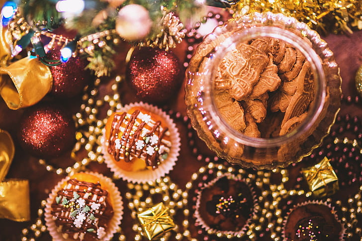 Ornamenti natalizi, biscotti, muffin, Sfondo HD