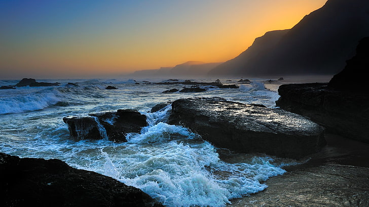 пейзаж, скала, море, вълни, природа, слънчева светлина, HD тапет