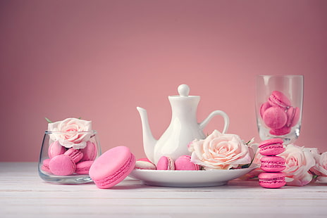 цветы, розы, десерт, розовый, торты, сладкое, миндальное печенье, французское, макарон, HD обои HD wallpaper