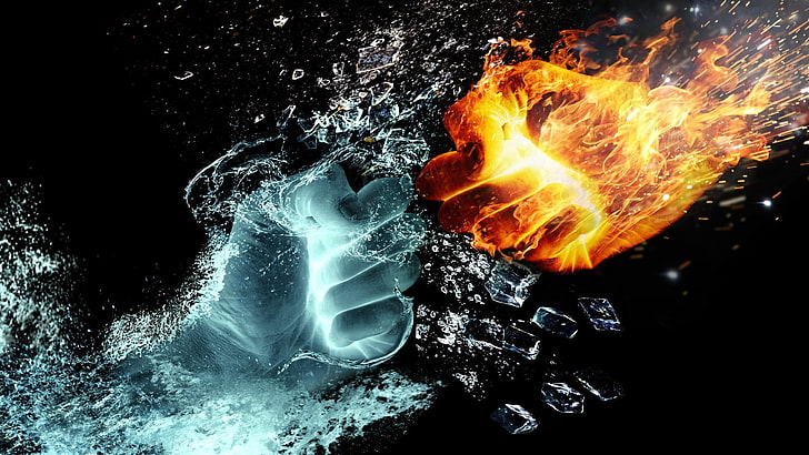 fist, ice, fire, digital art, hot, cold, flame, contrast, HD wallpaper