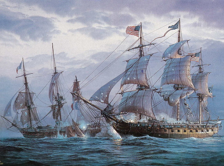 живопись двух кораблей галеонов, масло, картина, битва, холст, море, выстрелы, повреждения, парусники, фрегаты, HD обои