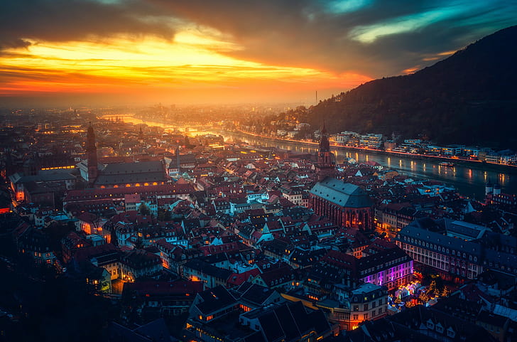 Castillo, Heidelberg, Alemania, linternas del cielo, montañas, paisaje urbano, paisaje, río, puesta de sol, luz solar, ciudad, Fondo de pantalla HD
