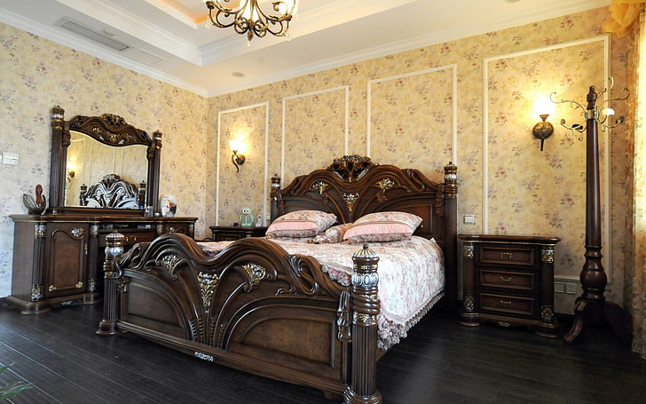 estrutura de cama de madeira marrom, design, estilo, cama, interior, travesseiro, espelho, quarto, HD papel de parede