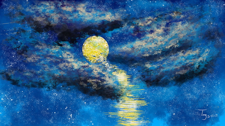moonlight, constellations, sky, stars, artwork, HD wallpaper