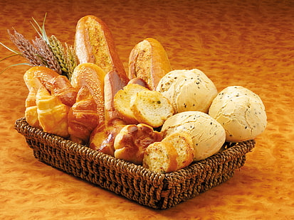 cesta, pão, muffin, bolos, pães, pedaços, pães, HD papel de parede HD wallpaper