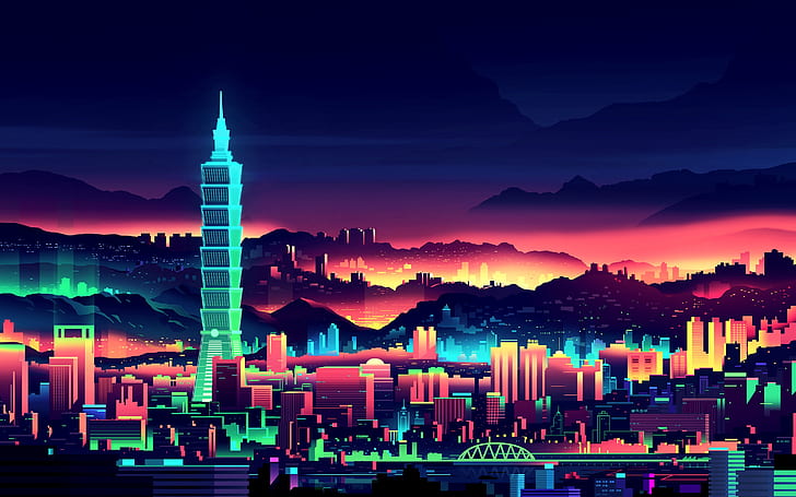 Тайвань, город, мир, HD, огни, ночь, Skycrapper, минимализм, минимализм, сеанс, HD обои