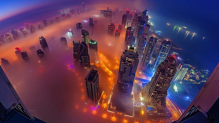градски пейзаж, столичен район, мъглив, мегаполис, небостъргач, забележителност, силует, Дубай, нощ, светлина, небе, Азия, туристическа атракция, кула блок, HD тапет