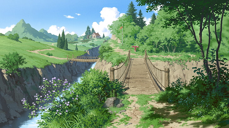 Brücke in der Nähe von Gebirge Malerei, Natur, digitale Kunst, Wald, Bäume, Brücke, Haus, Gras, Blumen, Weg, HD-Hintergrundbild