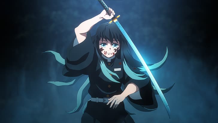 Kimetsu no Yaiba, tokitou muichirou, anime, Anime screenshot, anime boys, sword, two toned hair, uniform, ombre hair, night, blue eyes, HD wallpaper